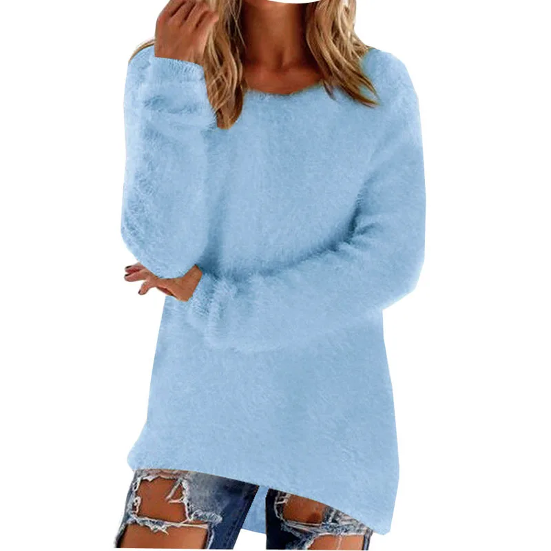 Свитер женский зима осень 2017 мохер длинный теплый вязаный зимний свитер с