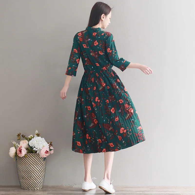 

Literary vintage green floral three quarter sleeve dress women fresh Japan style Bow collar Elastic waist Pleated long dress