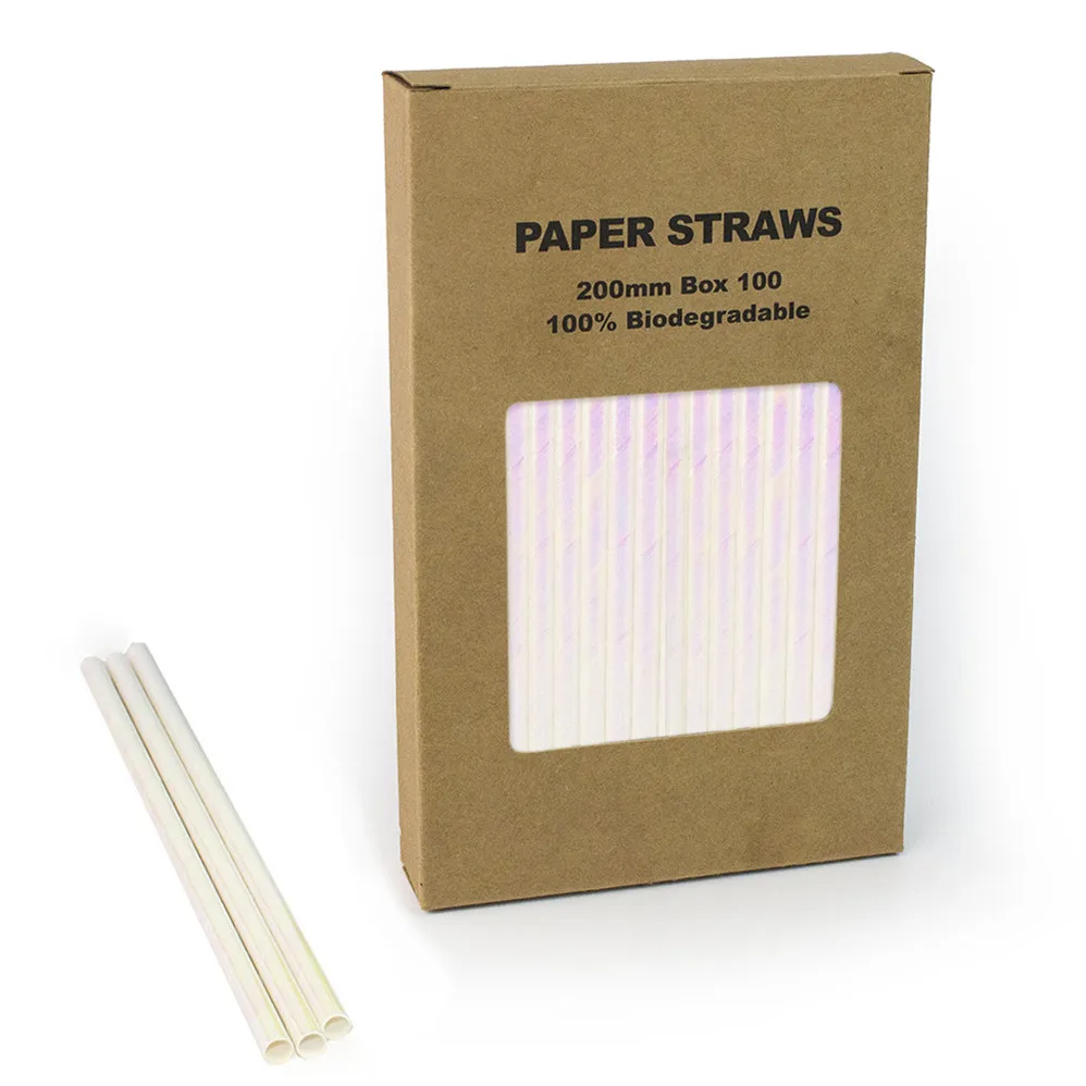 

100 pcs/Box White Iridescent Foil Paper Straws Bulk,Princess Mermaid Unicorn Bachelorette Wedding Birthday Party Drinking Straws
