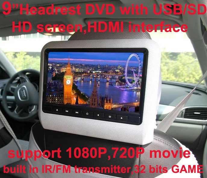 

9" car headrest DVD video multimedia player monitor entertainment with USB/SD,Game,IR,FM transmitter,HD screen,built in speaker