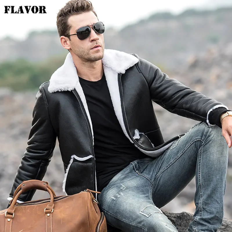Мужская кожаная куртка FLAVOR мотоциклетная теплая из натуральной овчины с