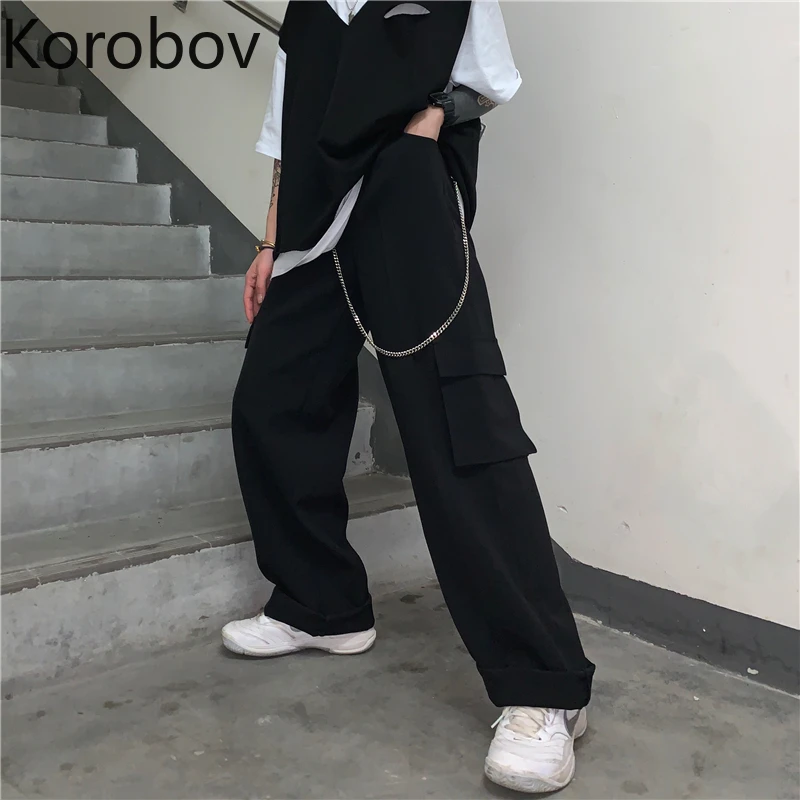 Korobov Harajuku Высокая талия широкие брюки корейские свободные повседневные Черные