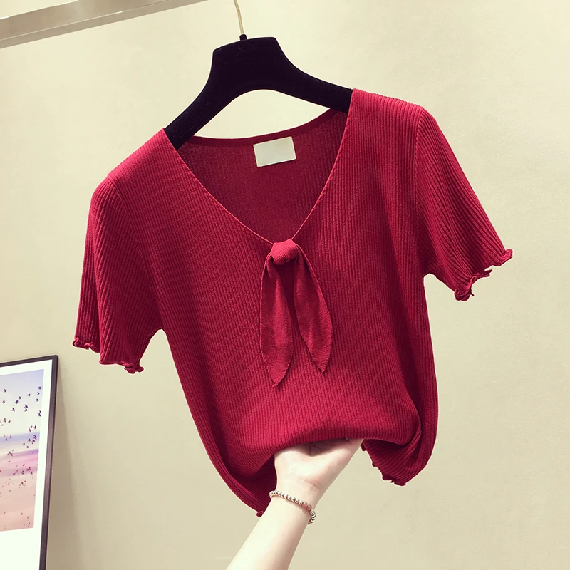 Женская хлопковая повседневная трикотажная футболка с коротким рукавом и бантом