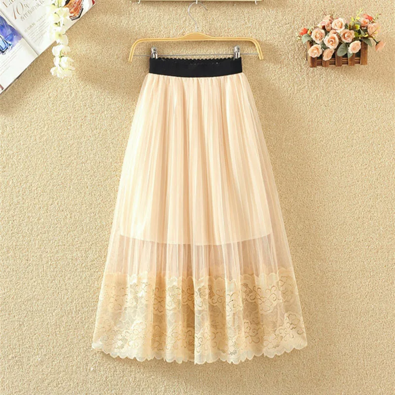 Юбка женская Тюлевая плиссированная средней длины с высокой талией и поясом на