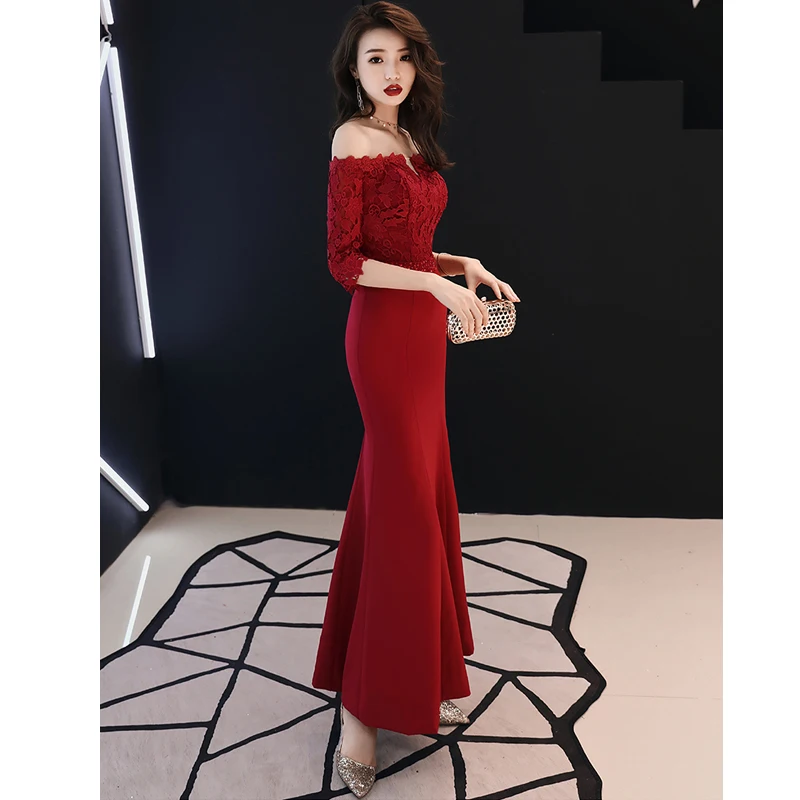 Beauty Emily Prom Gowns Plus size Beading Wine Red Lace Boat Neck Mermaid Floor Length Half Sleeves up Back Dresses | Свадьбы и