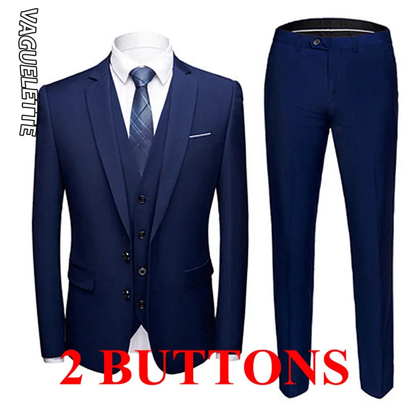 Dark Blue 2 Buttons VAGUELETTE черный и Королевский синий свадебный мужской костюм белый приталенный сценический костюм Homme официальный однотонный серый костюм из 3 предметов со штанами - Цвет: Dark Blue 2 Buttons