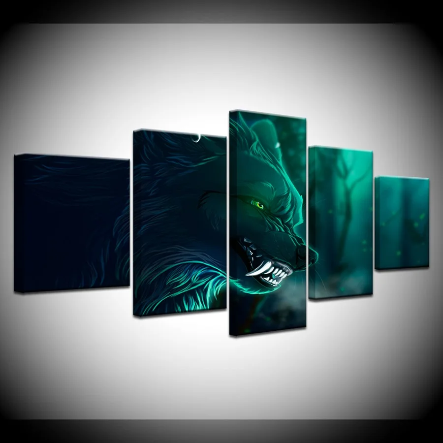 

Canvas Paintings Living Room Home Decor 5 Pieces Angry Night Wolf Fangs Posters HD Prints Anime Pictures Modular Wall Art Frame