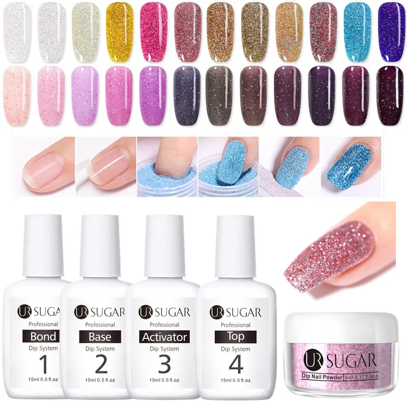 UR SUGAR 5pcs Dipping Nail Glitter Powder Kits Without Lamp Cure Dip System French Manicure with Base Activator Liquid Gel Set
