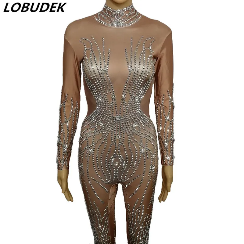 Elastic Silver Rhinestones Nude Jumpsuit Nightclub DJ Singer Performance Bodysuit Sexy Performance Stage Wear Pole Dance Costume