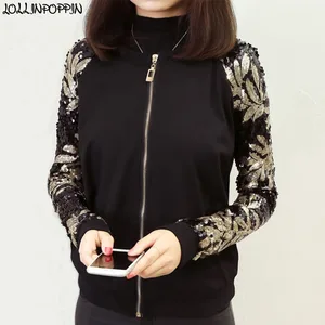 Женская Черная куртка-бомбер с блестками на рукавах, о-образным вырезом и цветочным принтом, новинка 2019, куртки размера плюс с блестками