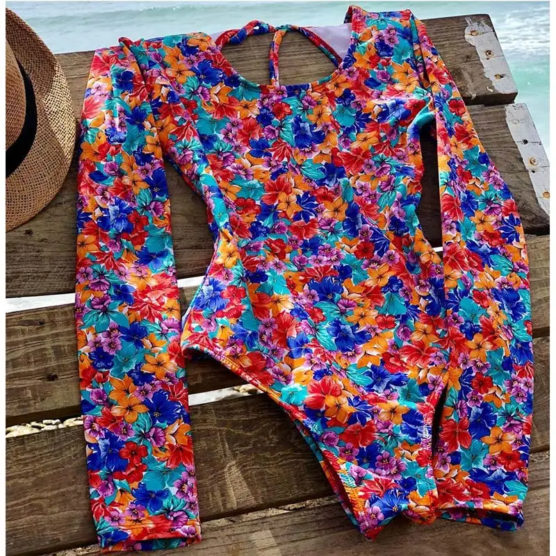 Orangefloral Новинка, сексуальный цельный купальник, пуш-ап, женская одежда для плавания, монокини, длинный рукав, купальник, купальник, женская летняя пляжная одежда - Цвет: Orangefloral