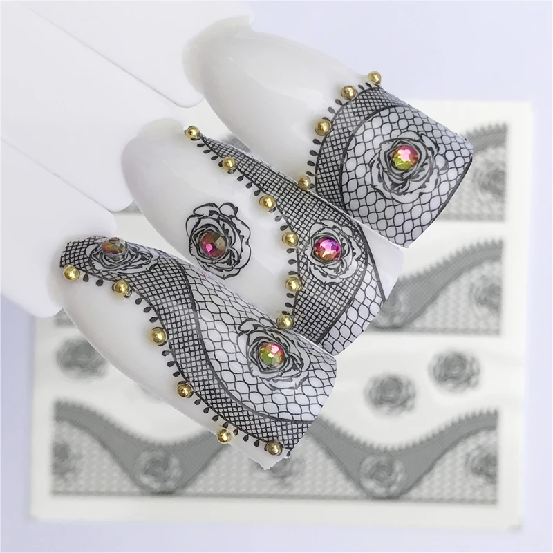 

YWK 25 Designs Black Lace Nail Art Flower Water Transfer Stickers Sexy Nail Tips Decals Beauty Manicure Decor Tools