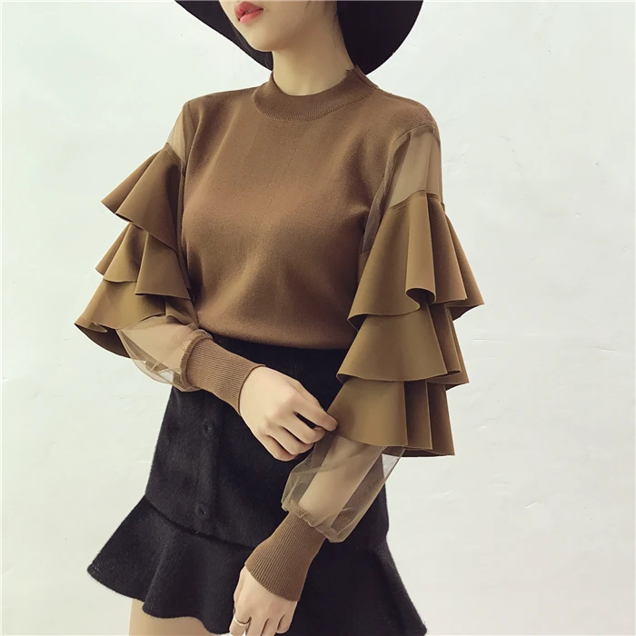 Женские вязаные свитера топы костюмы женский свитер с оборками и сетчатым