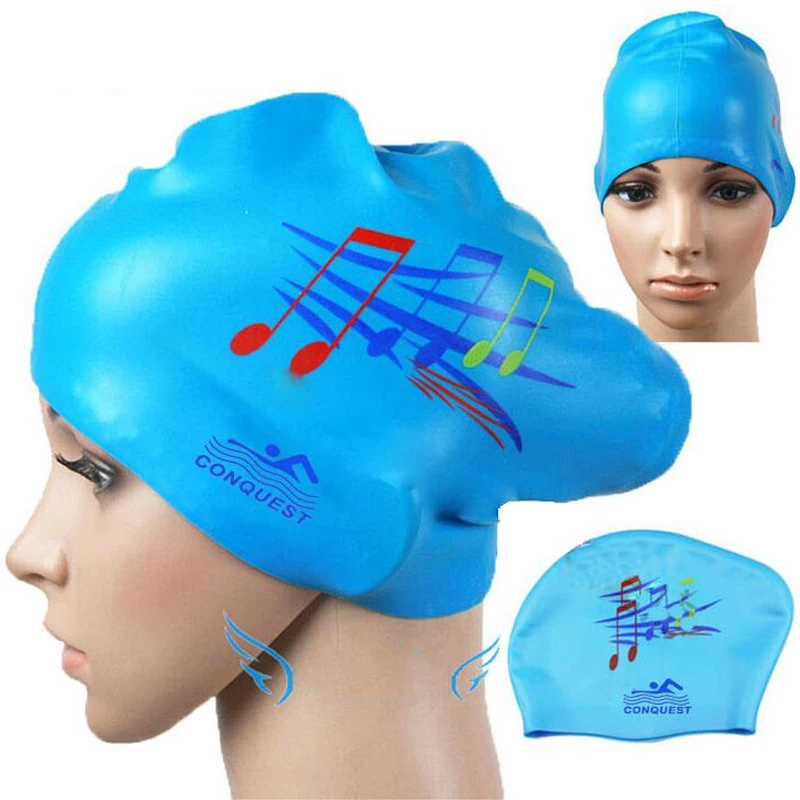 Sky Blue Cap Note Женская Водонепроницаемая силиконовая шапочка для плавания, принт со звездами и музыкальными нотами, удобные защитные уши, длинные волосы, шапочки для бассейна, шапка размера плюс - Цвет: Sky Blue Cap Note