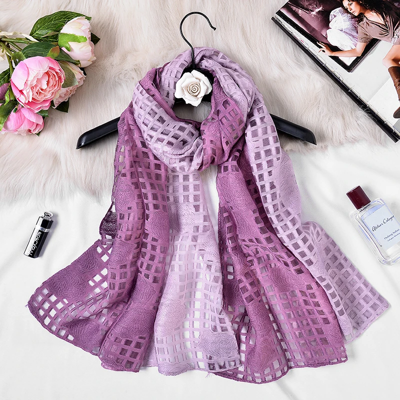 

10 pc women fashion Gradient color silk scarves shawls female wraps Hollow pashmina Plaid Embroidery Hijab Scarf stole