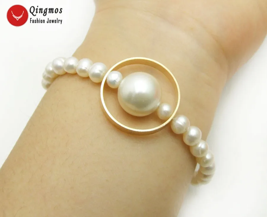 

Qingmos Natural White Pearl Bracelets for Women with 6-7mm Round Pearl & 14mm White Sea Shell Pearl Bracelet Fine Jewelry 7.5''