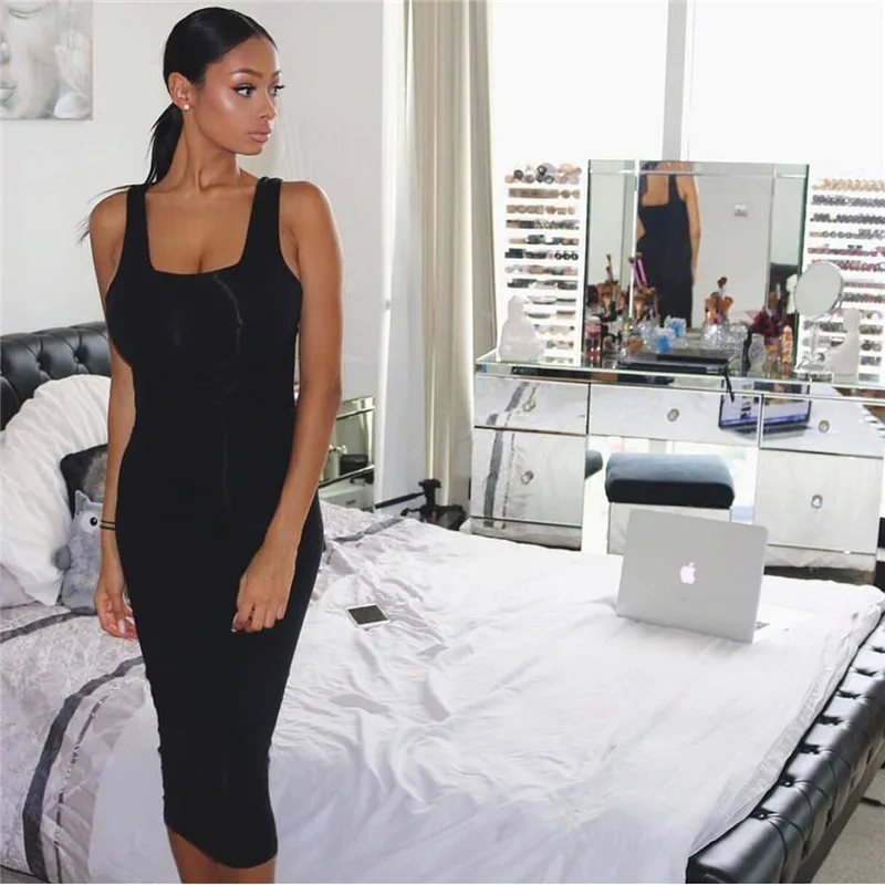 Для женщин Сексуальная бинты Летнее платье без рукавов на бретелях Черный Bodycon