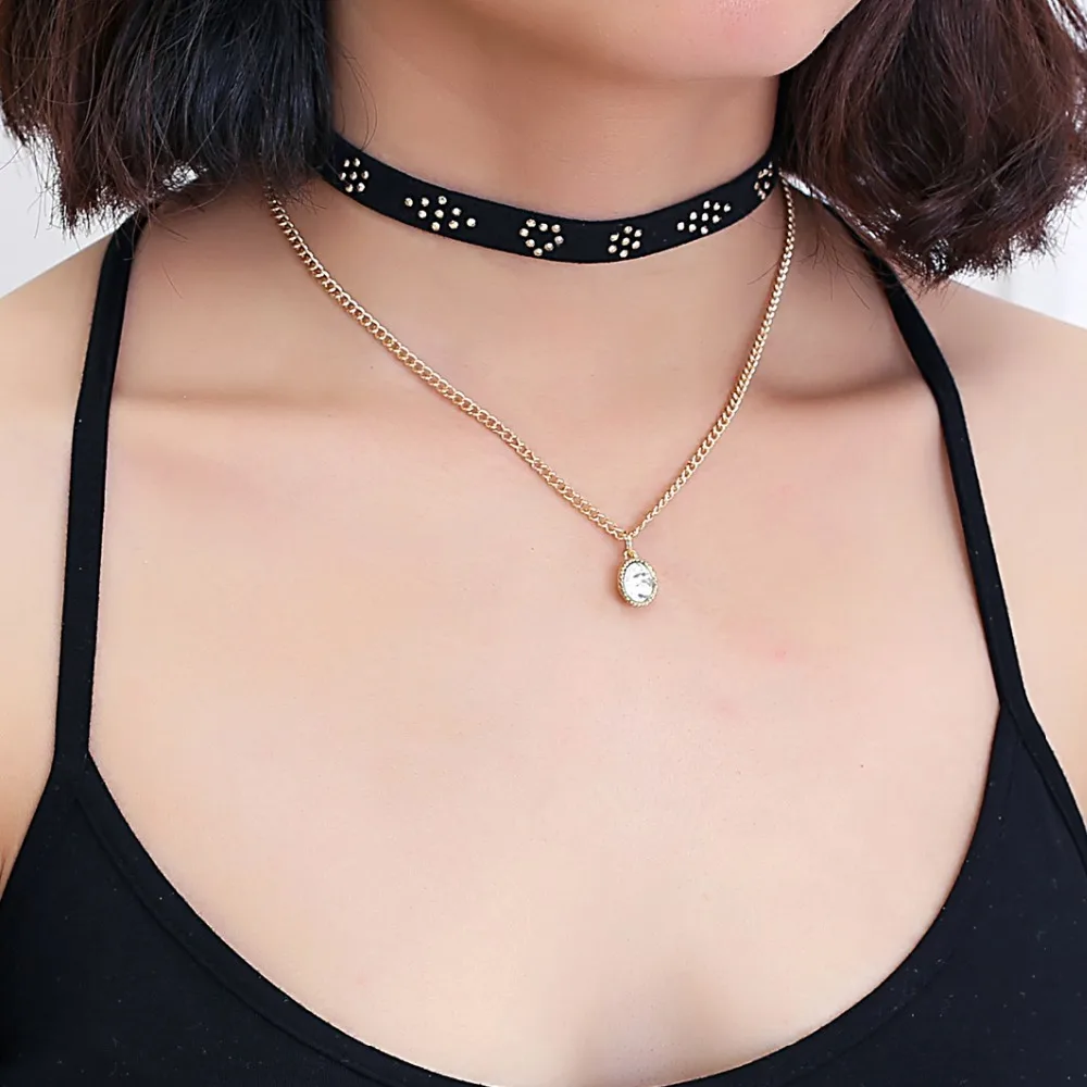 Модное ожерелье чокер с воротником на шею кожаная цепочка кристаллами и камнем