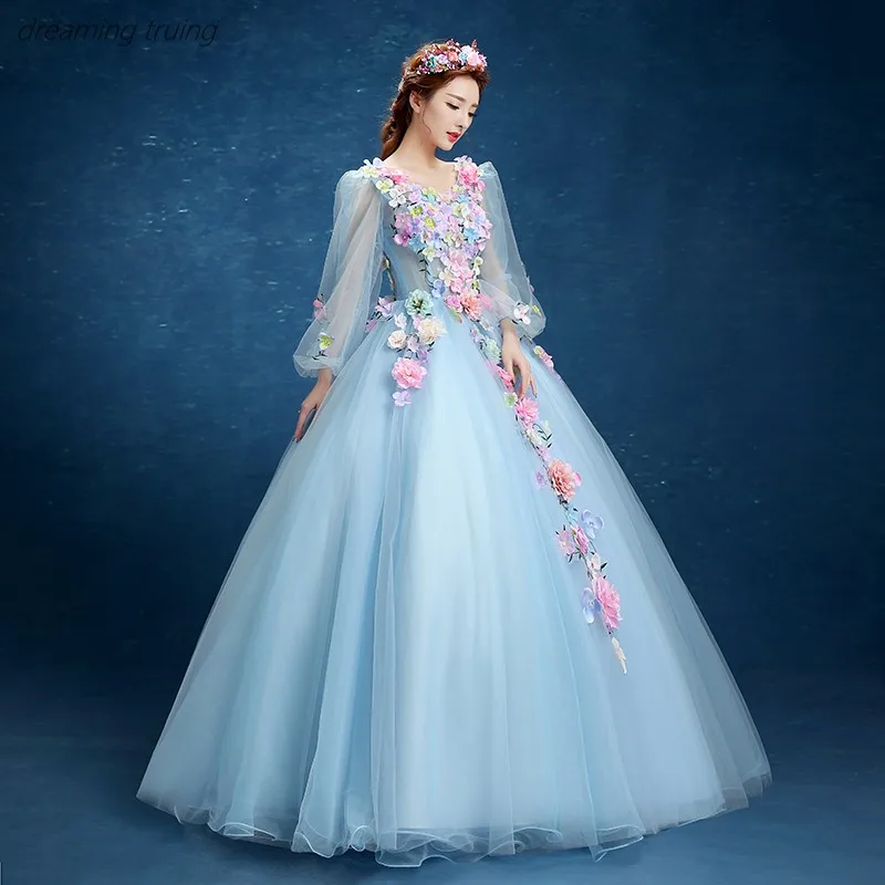 Платья синего цвета с длинным рукавом и цветным объемным цветком Vestidos De 15 бальное