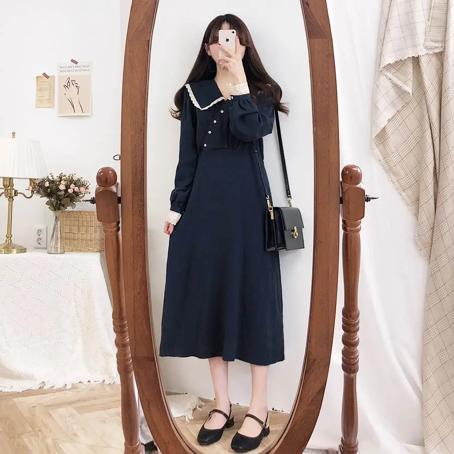Коллекция года, Новое поступление, S-XL-весеннее кружевное платье для девочек, повседневное, бохо, OL, повседневное, синее, с длинным рукавом, женские платья, женское платье, брекеты, robe Femme Vestido