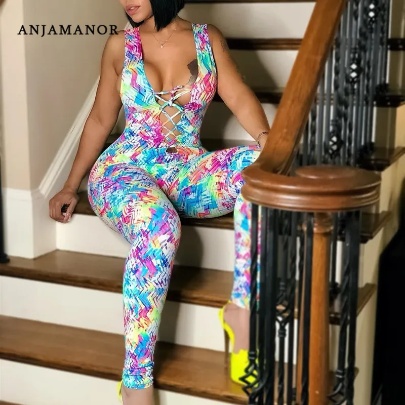 ANJAMANOR Tie Dye сексуальное БЕЗРУКАВНОЕ Бандажное обтягивающее комбинезон Женская