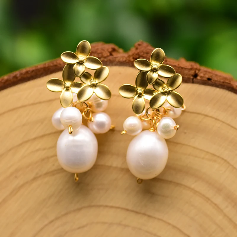 GLSEEVO Original Fresh Water Pearl Three Flower Custer Drop Earrings For Women Wedding Engagement Fine Jewelry Oorbellen GE0771