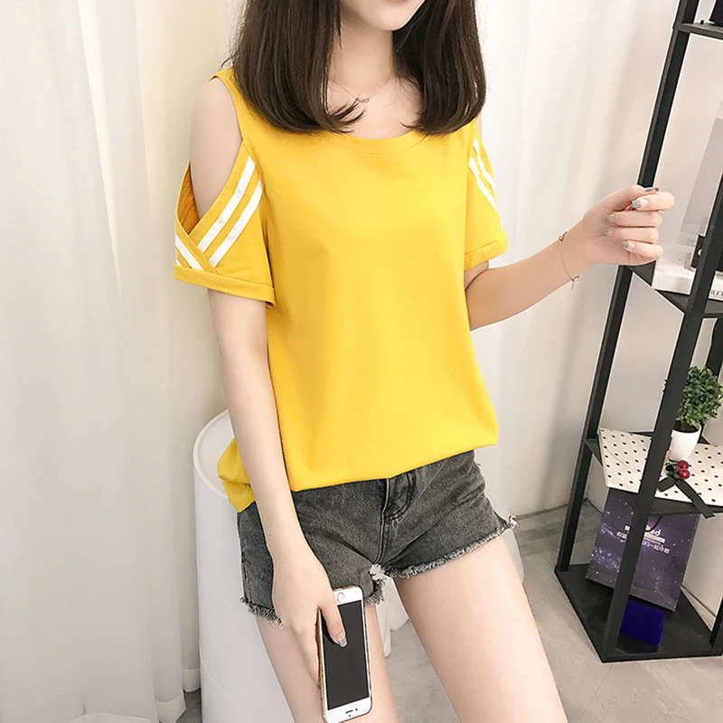 Femme Топы 2018 лето новая модная футболка женская кружевная открытая с коротким