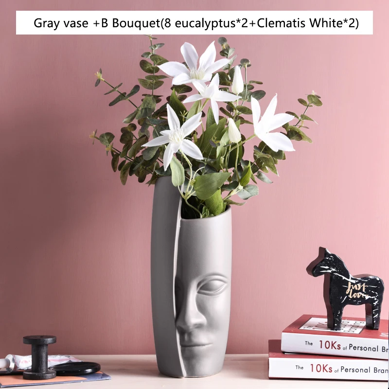 Gray(B bouquet) Художественная ваза в скандинавском стиле, керамическая ваза для цветочной композиции, винтажные вазы для искусственных цветов, керамическая ваза для абстрактного лица - Цвет: Gray(B bouquet)