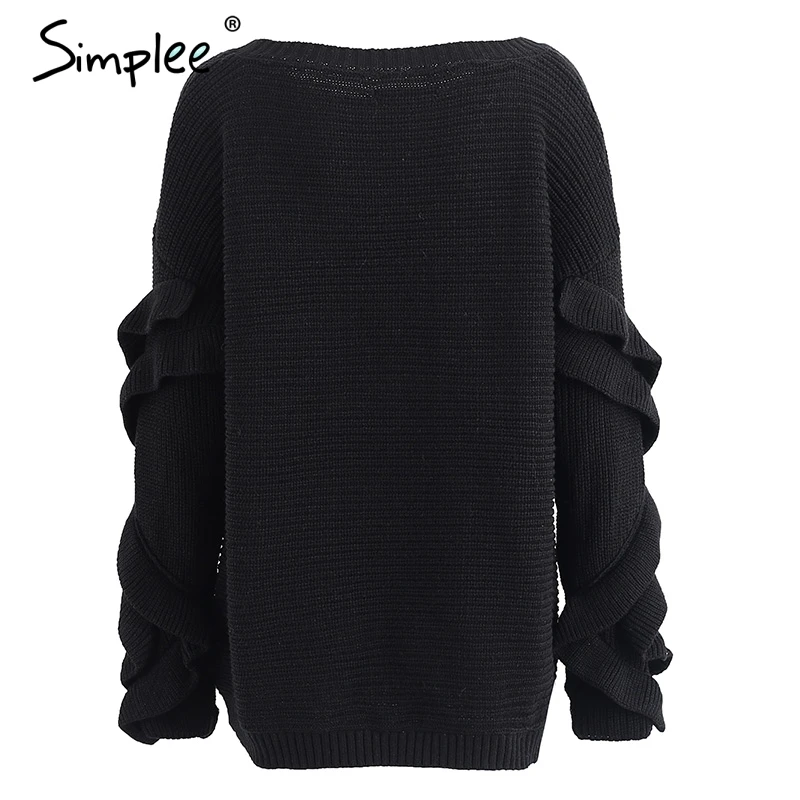 Simplee Ruffle knitted sweater women pullover female Casual loose round neck winter Autumn pull femme knit jumper | Женская одежда
