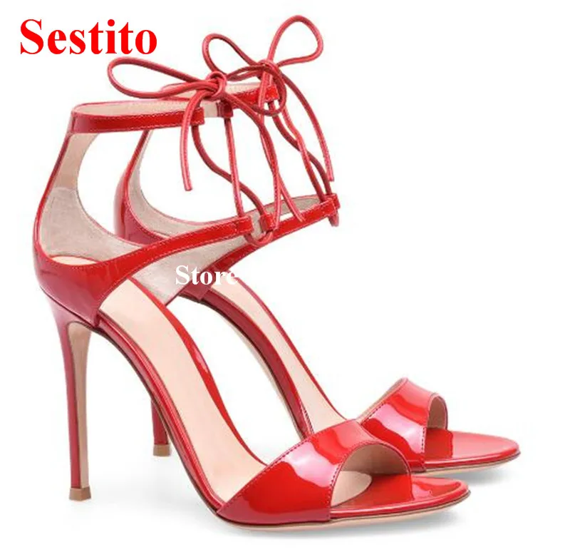 

Plus Size 35-42 Ankle Strap Stiletto Heel Peep Toe Summer Shoes Women Sandals High Heels Cross-tied Sexy Party Dress Shoes Red