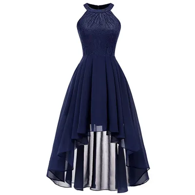 Dark blue OML538#Neck Lace Chiffon halter Bridesmaid Dresses Front High Back low Dark Blue Fink Wine Red Violet prom party dress wholesale - Цвет: Dark blue