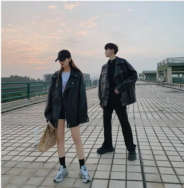 S-XL!Spring and autumn new men's lapel zipper motorcycle leather jacket hip hop couple loose shoulder jacket