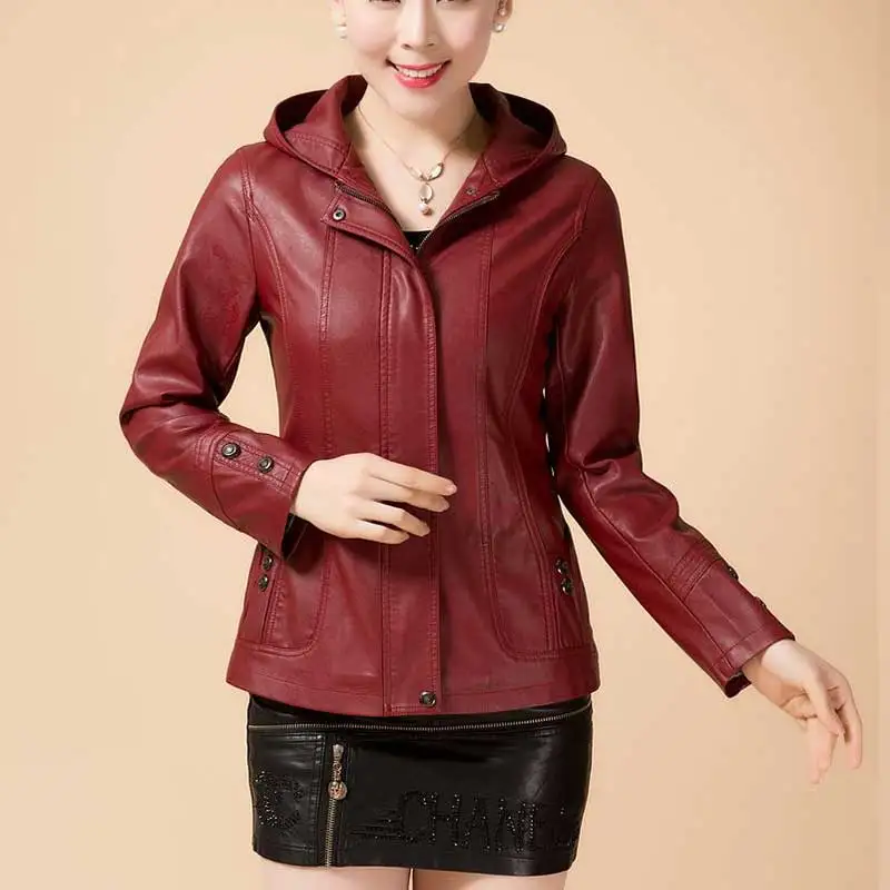 Spring Plus size Bomber Leather Jacket Women Motorcycle short jacket Hooded  zipper Faux PU leather Jjackets women coat WZ789
