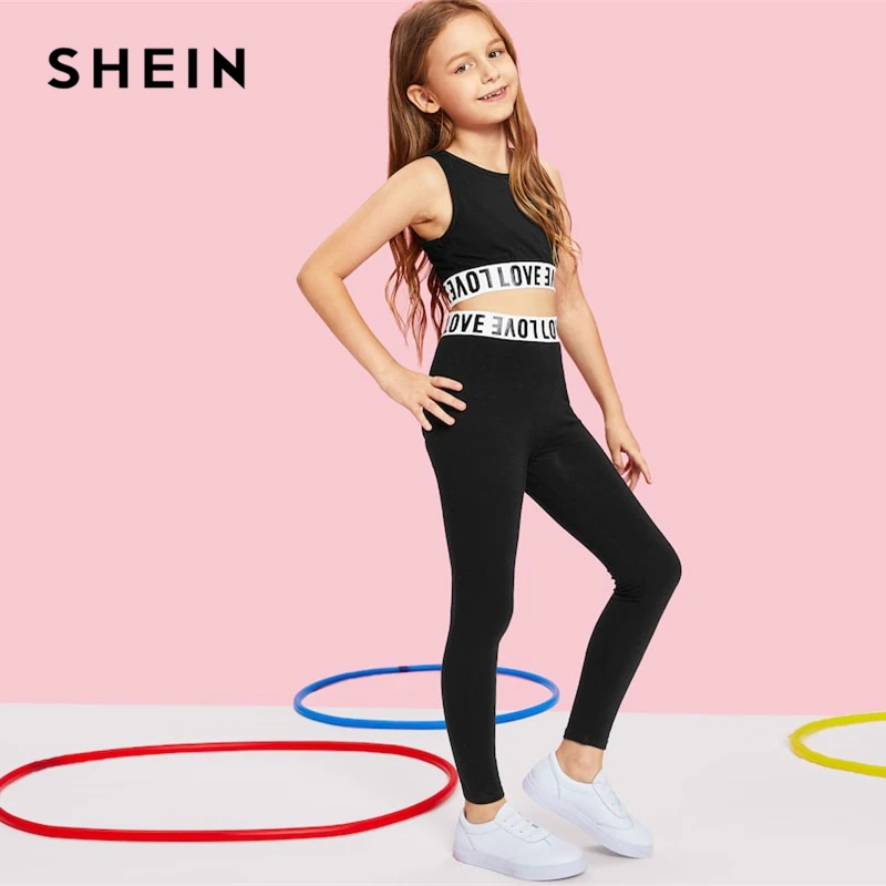 SHEIN/черный укороченный топ с буквенным принтом и штаны; Одежда для девочек; комплект из двух предметов; коллекция года; одежда для активного отдыха; модная детская одежда без рукавов