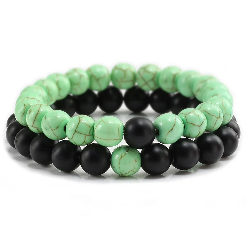 Light Green Black 2 шт./компл пара расстояние браслет Натуральный Камень ярких бусин Strand браслеты йоги очаровательные подарочные украшения для женщин мужчин влюбленных - Окраска металла: Light Green Black