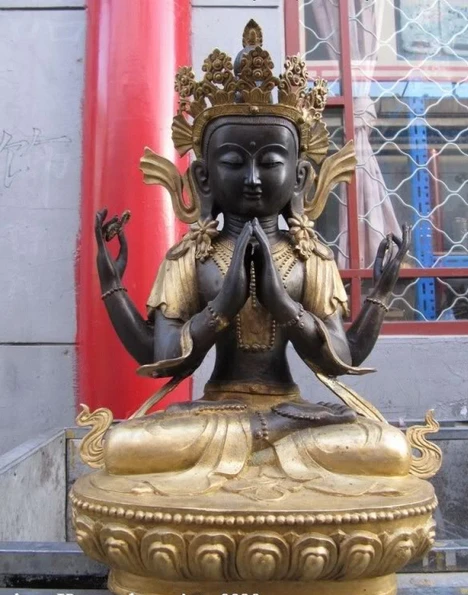 

Xd 00797 тибетская народная фановая Бронзовая статуя Будды с четырьмя руками авалокитествара Кван-Инь
