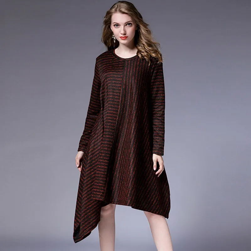 CHICEVER Striped Dresses For Women O Neck Long Sleeve Loose Oversize Irregular Hem Dress Female Autumn Fashion Clothing New 2018 | Женская
