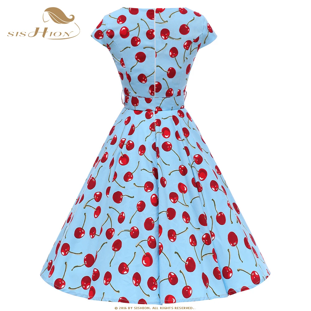 SISHION Retro Vintage Dresses with Large Swing High Quality Floral Print Cherry Blue White Cotton Women Summer Dress VD0785 | Женская