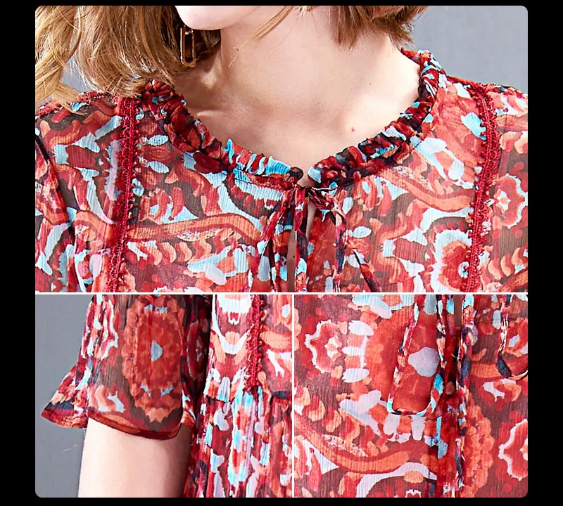 Novmoop European floral printed large size half-sleeve natural silk women dress for office outdoor robe en soie natural LT2778
