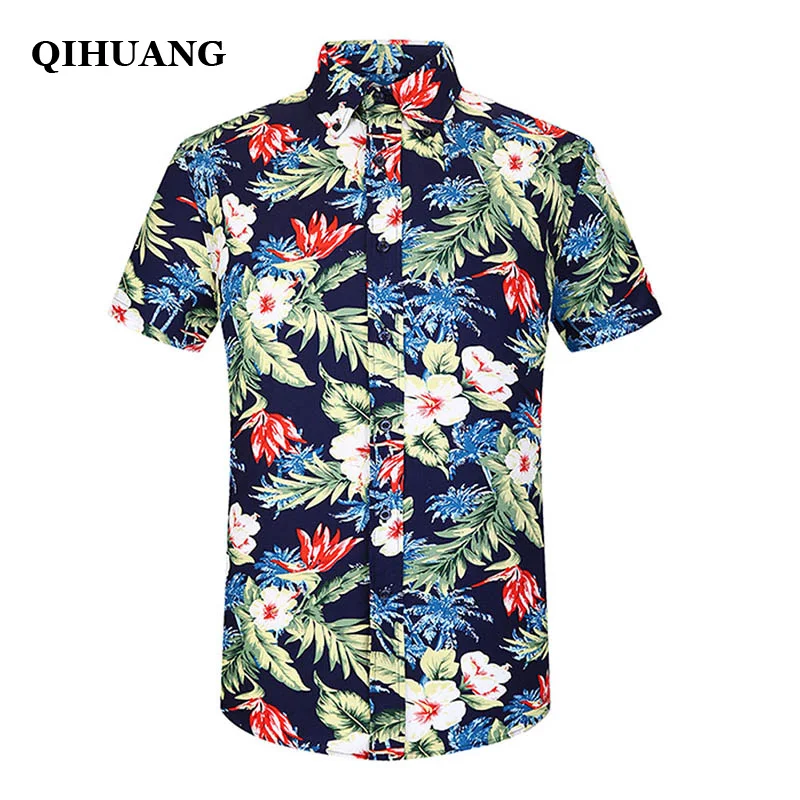 QIHUANG, Мужская гавайская рубашка, летняя, короткий рукав, тропический Цветочный Фламинго, на пуговицах, пляжные, вечерние, хлопок, плюс размер, рубашки