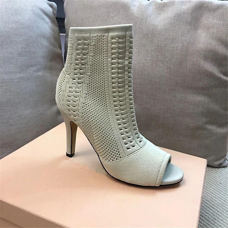 Hanbaidi Fashion Elastic Stretch Sock Boots Women Open Toe Knit Hollow High Heel Shoes Woman Sexy Ankle Summer Zapatos | Обувь