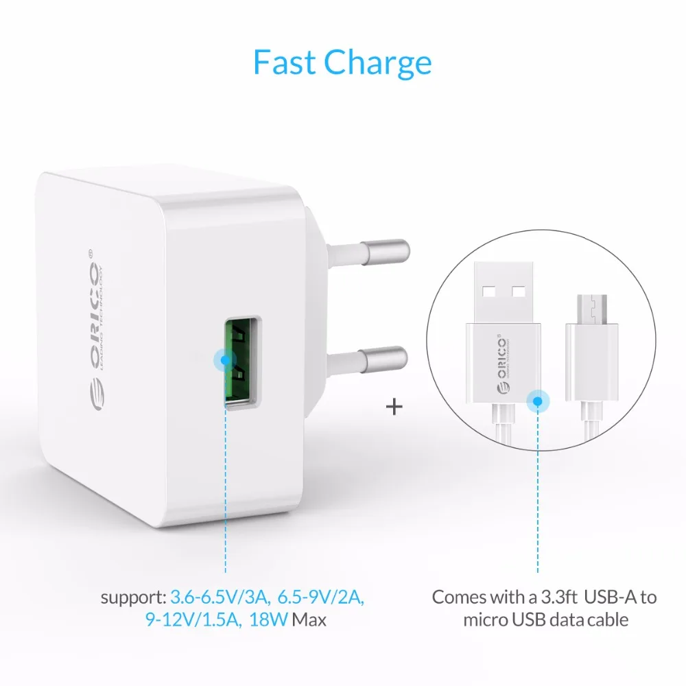 ORICO зарядное устройство для телефона Quick Charge 3,0 18 Вт Быстрое USB зарядное устройство для iPhone samsung Xiaomi huawei с бесплатным Micro USB кабелем