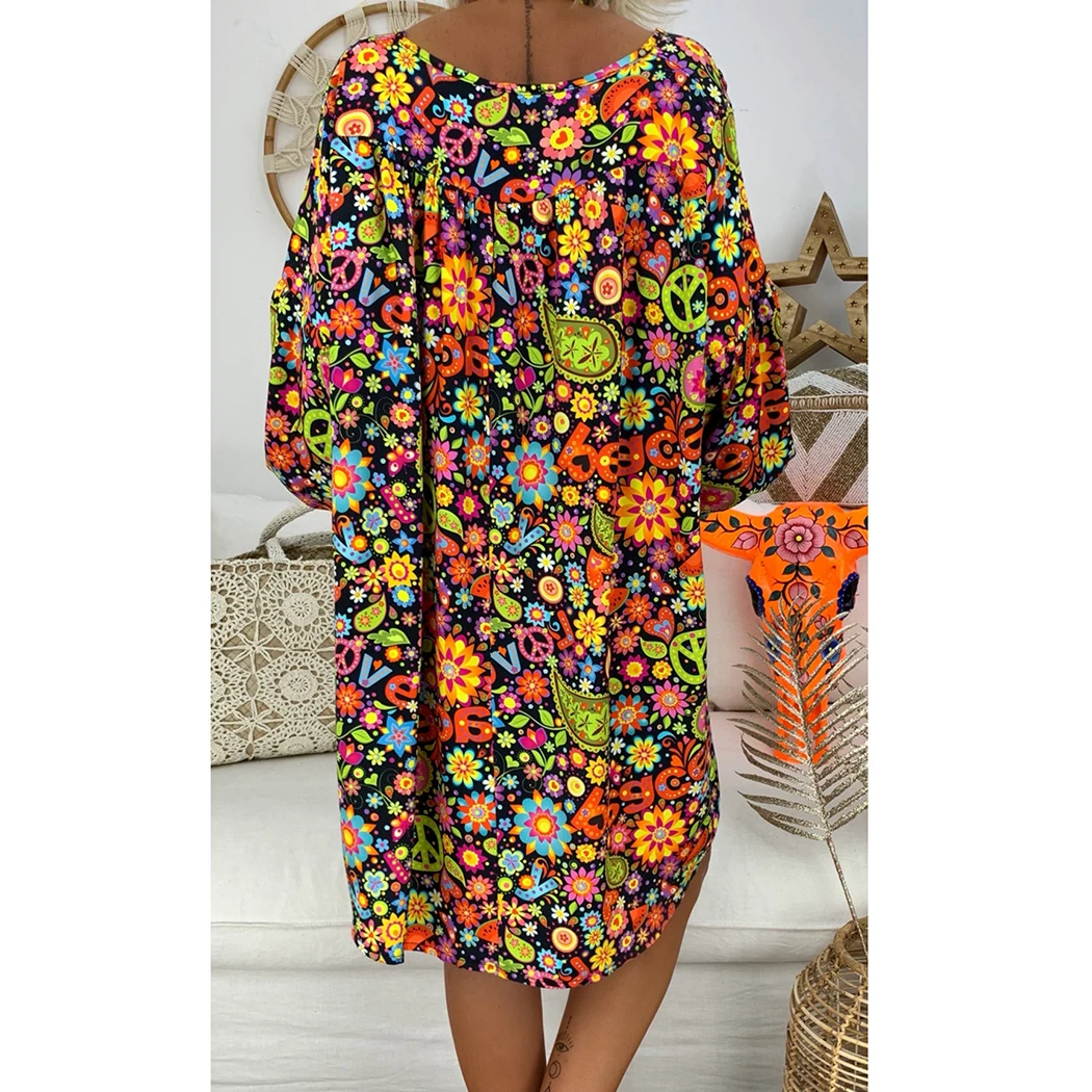 Женское платье с цветочным принтом Boho летнее пляжное Свободное v образным