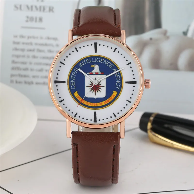 YISUYA Quartz Mens Watch CIA Logo Dial Leather Band Wristwatch Male Clock Watches 2 Colors Fashion Gifts horloges mannen