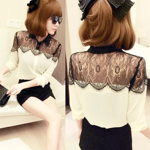 Женская шифоновая блузка черная с кружевом длинным рукавом | одежда
