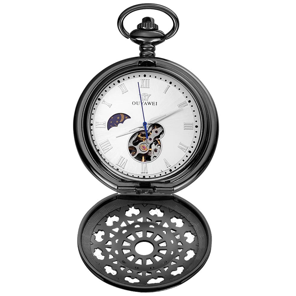 OUYAWEI Moon Phase Механические карманные часы Скелетон циферблат Полые черный чехол для