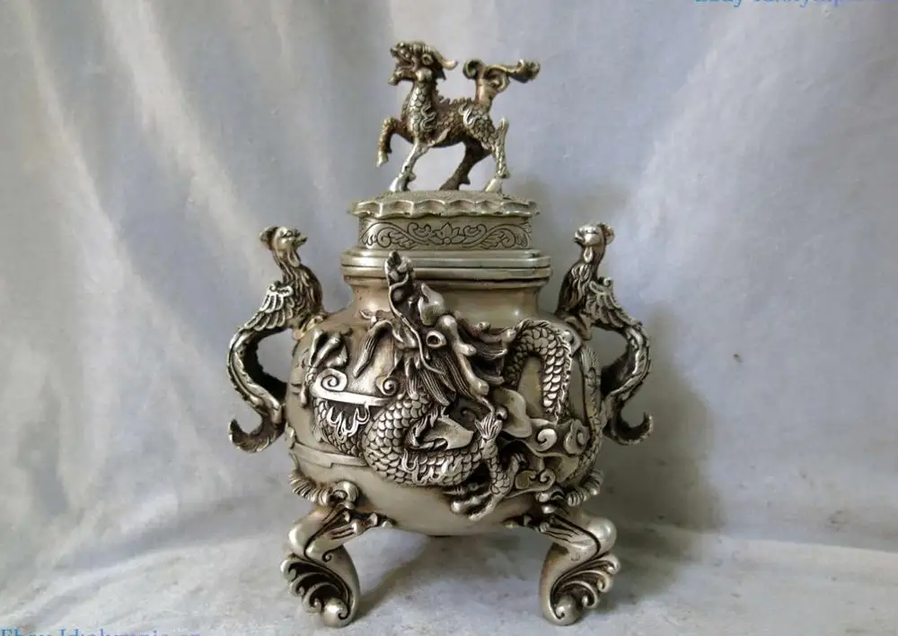 

Fine silver censer China carved Foo Dogs Dragon phoenix incense burner Statue