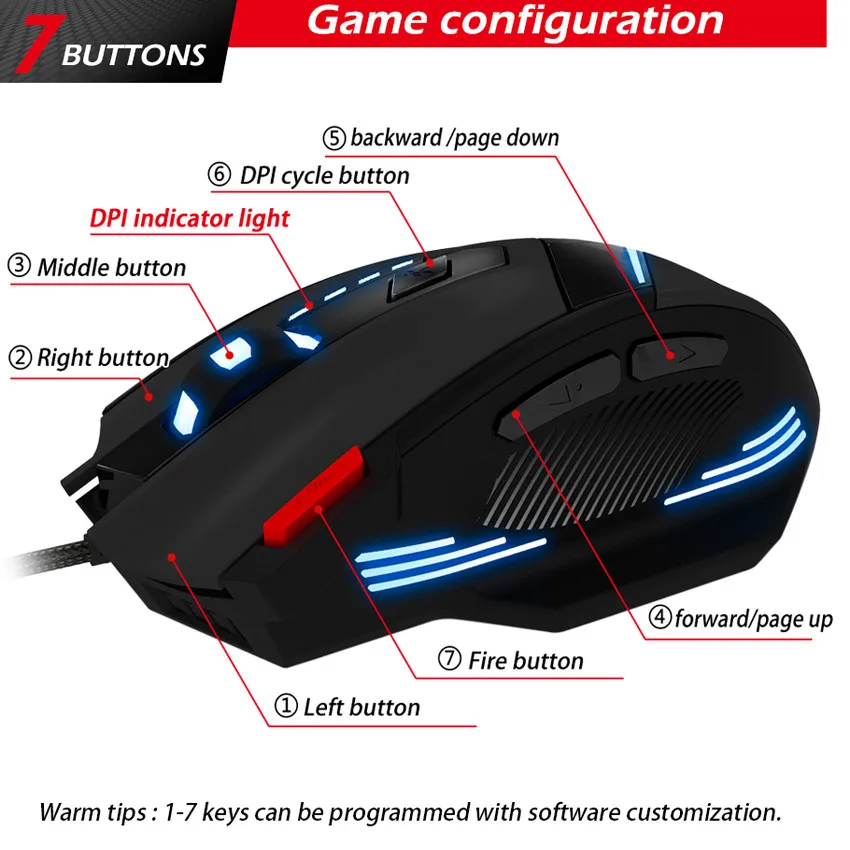 ZELOTES T 60 Проводная оптическая игровая мышь USB 7 кнопок 3200 точек/дюйм компьютерная