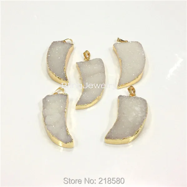 

H-DP113 White Agates Druzy Horn Tusk Pendant Charm Dipped in Gold