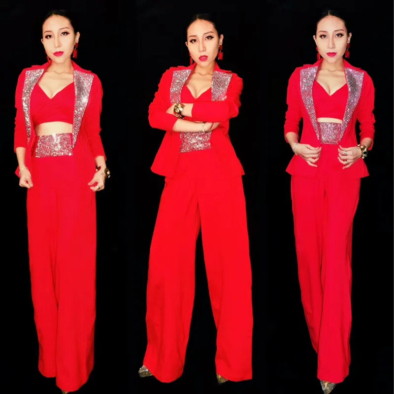 Sparkly Crystals Stones Jacket Bra Pants 3 Piece Outfits Female Formal Suits Lady Singer Host Stage Costumes Bar Clubs Clothing